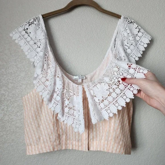 MIGUELINA Lace Gingham Crop Top Boho Coquette Cottagecore L - Picture 11 of 11
